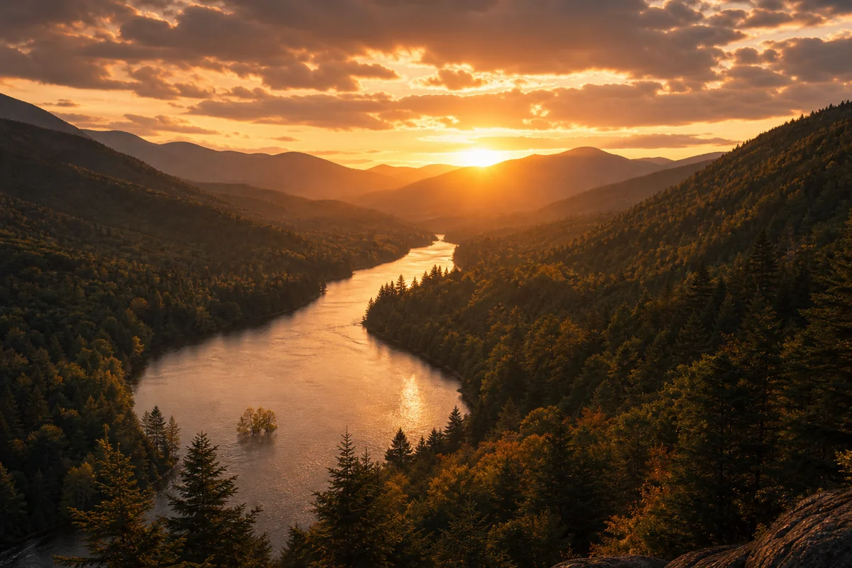 Warm river valley landscape at sunset